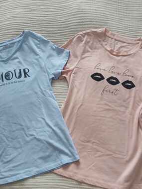Pair of Graphic Tee Shirts — Light Blue & Blush Pink
